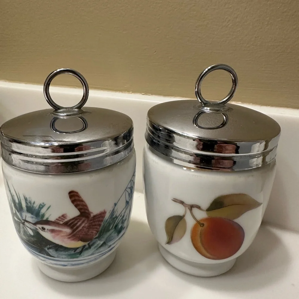 Royal Worcester Evesham porcelain egg coddlers with chrome lids 1970